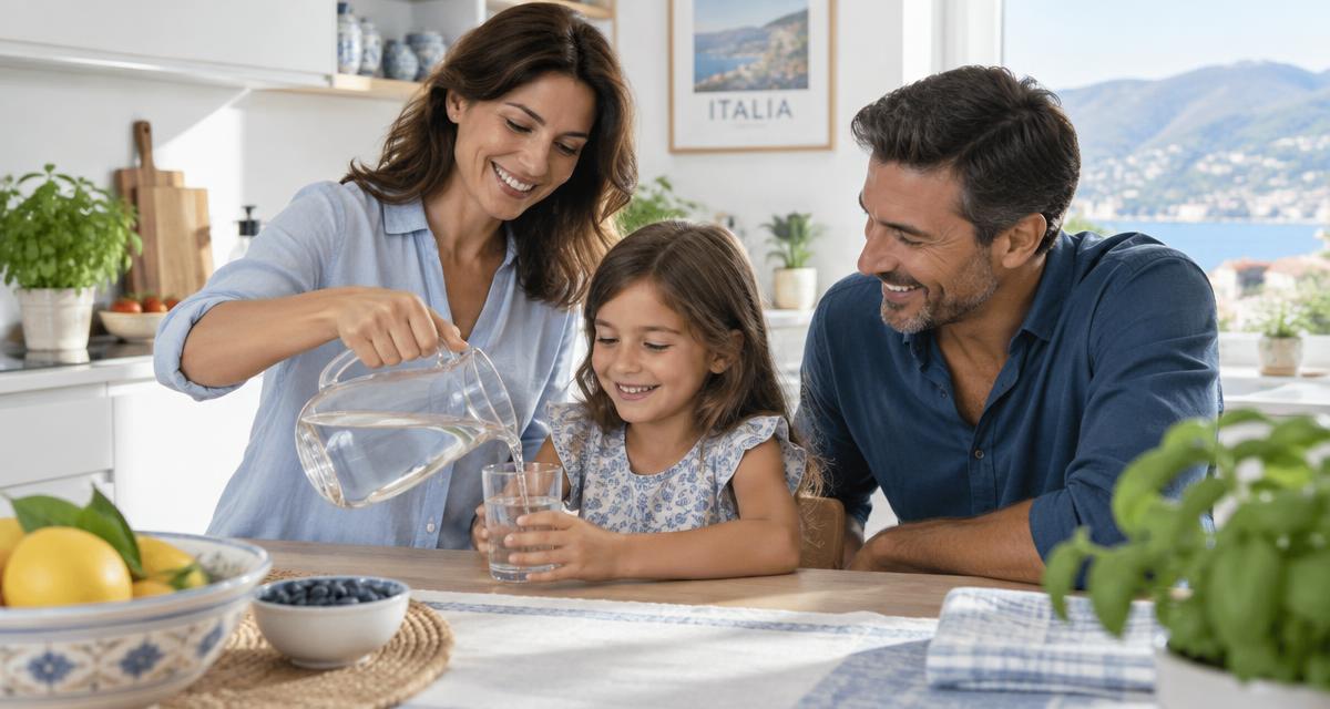 Famiglia che beve acqua pulita in cucina
